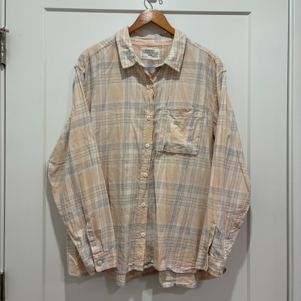 REI Cooperative Plaid‎ Button Up Shirt Men's 2XL Peach Blue Long Sleeve Cotton
